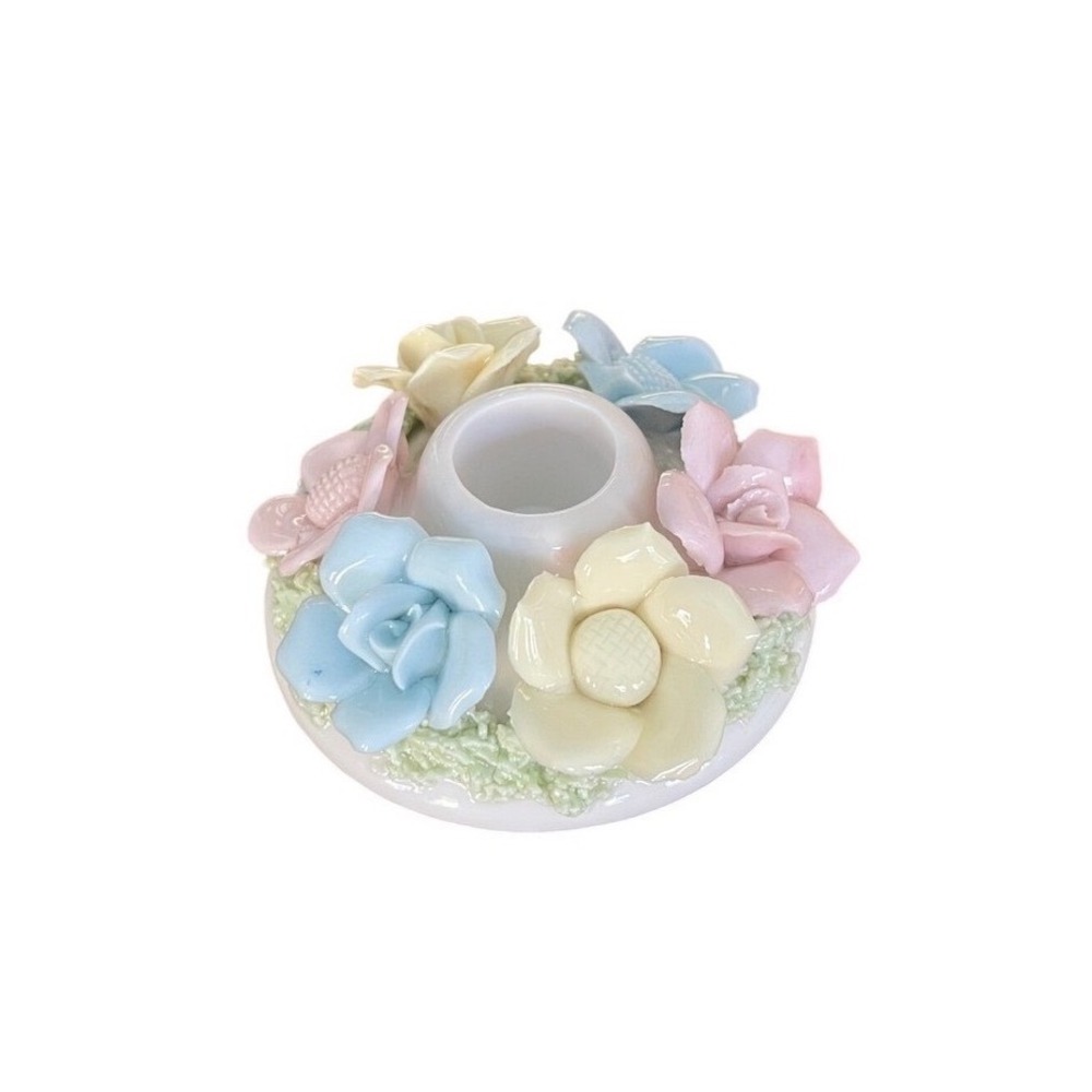 Vintage Ceramic Taper Candle Holder Pastel Pink Blue Yellow Flowers